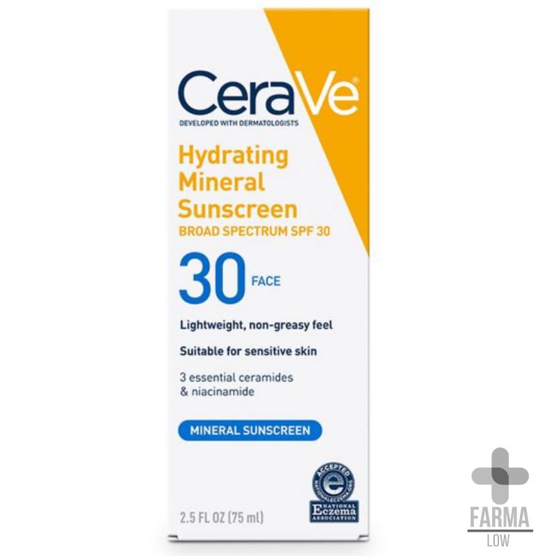Protector solar CeraVe Hydrating Mineral SPF 30 75 ml para piel sensible en FarmaLow caja frontal