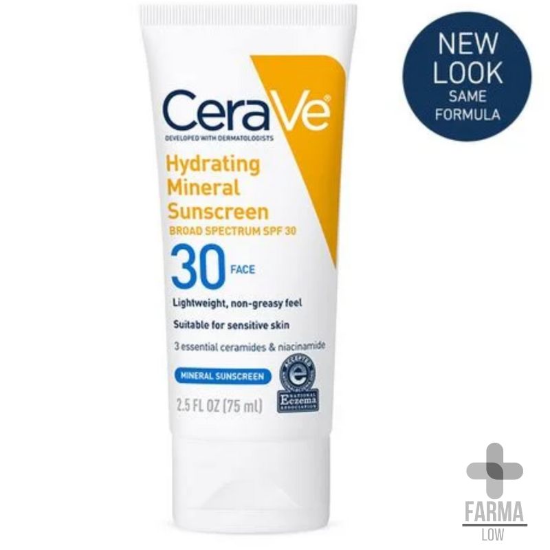 Protector solar CeraVe Hydrating Mineral SPF 30 75 ml para piel sensible en FarmaLow envase frontal
