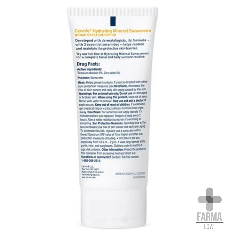 Protector solar CeraVe Hydrating Mineral SPF 30 75 ml para piel sensible en FarmaLow envase trasero