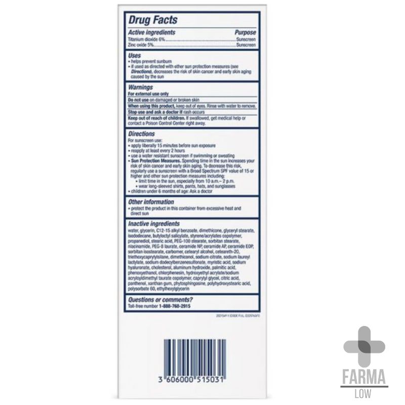 Protector solar CeraVe Hydrating Mineral SPF 30 75 ml para piel sensible en FarmaLow caja trasera